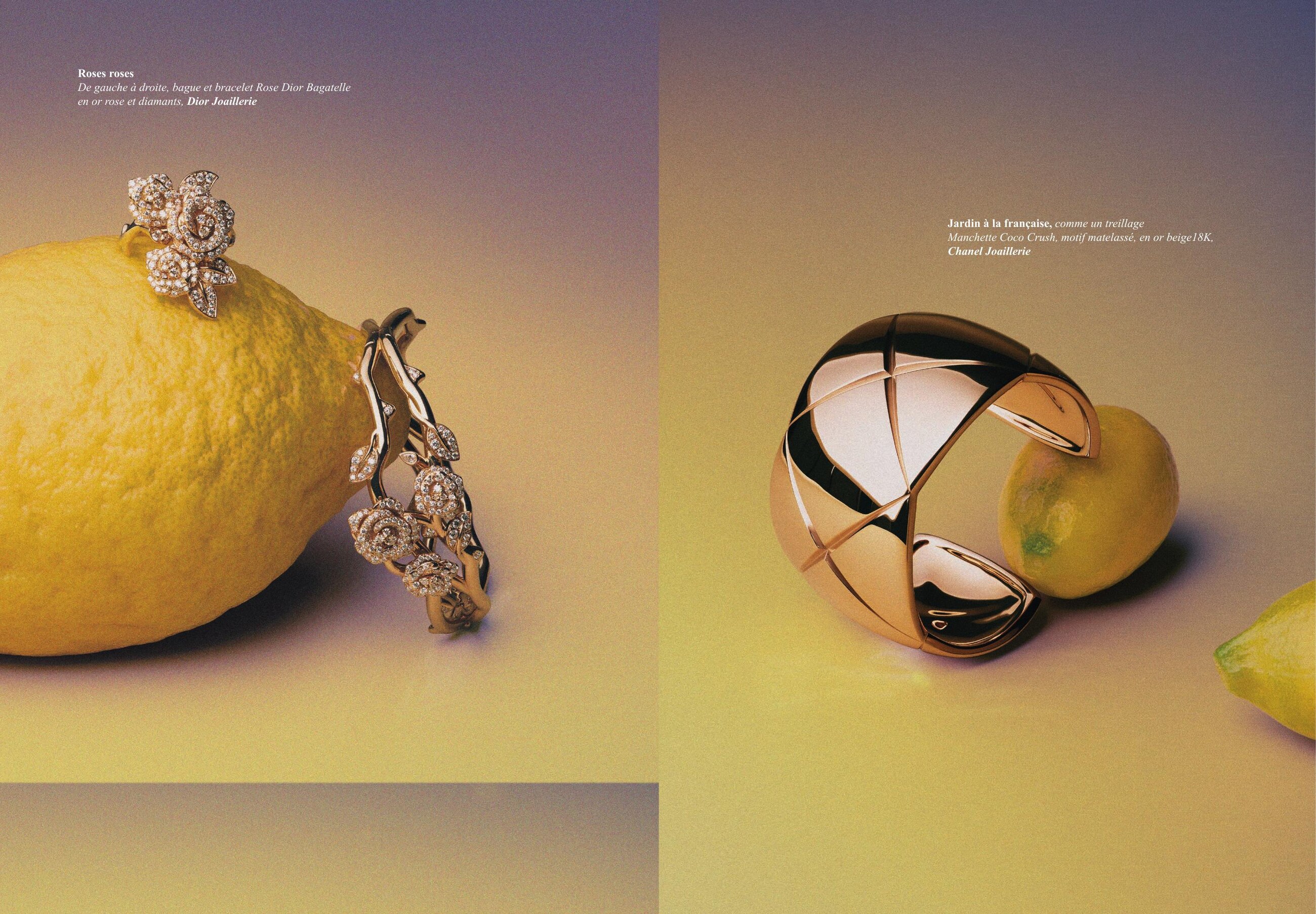 Balade printanière : bague et bracelet Rose Dior Bagatelle (Dior Joaillerie) et manchette Coco Crush (Chanel Joaillerie) sur citrons — photo Nicolas Mingalon