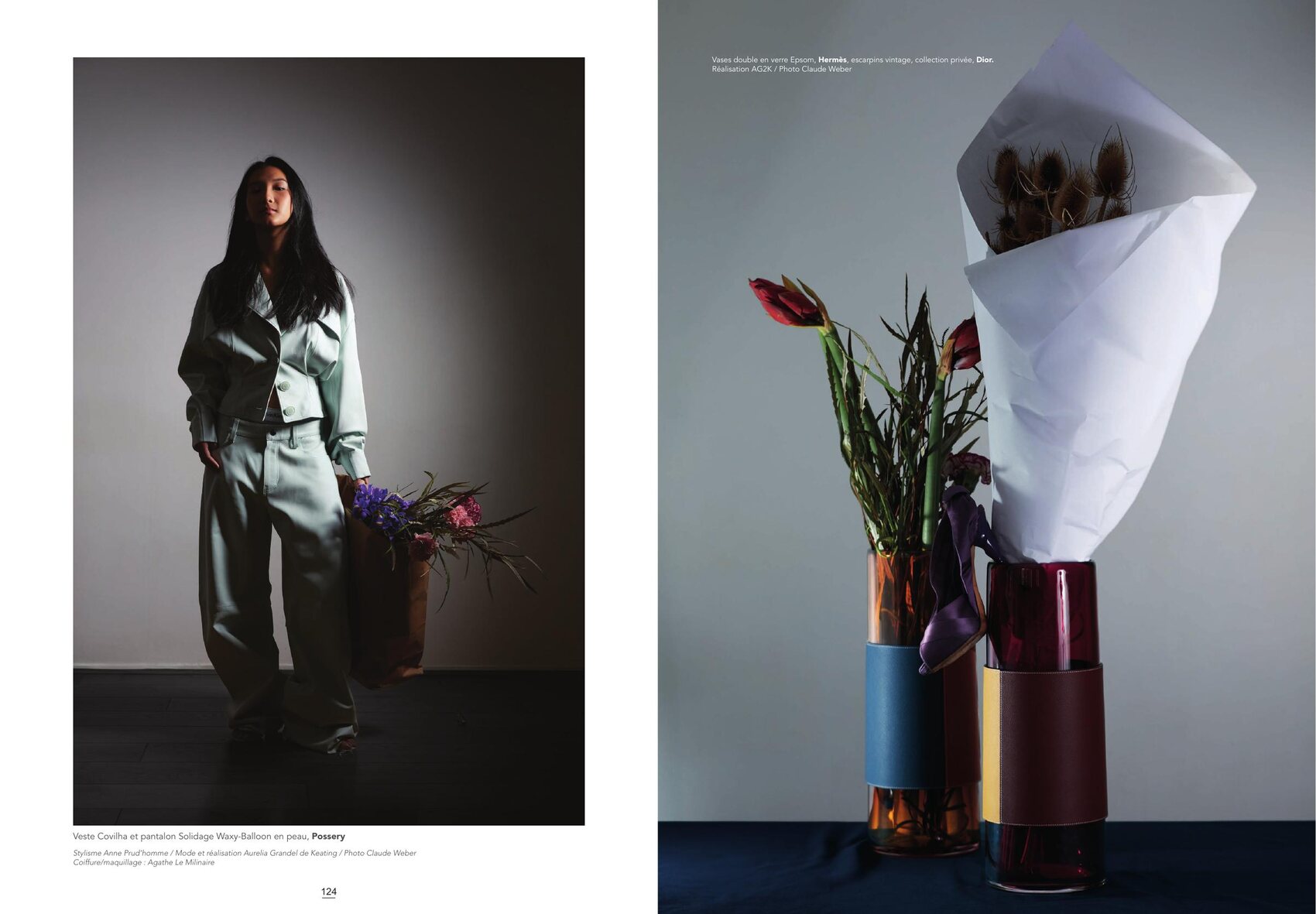 Éditorial mode : veste Covilha et pantalon Solidage Waxy-Balloon, Possery, et nature morte vases Hermès, escarpins Dior — photo Claude Weber