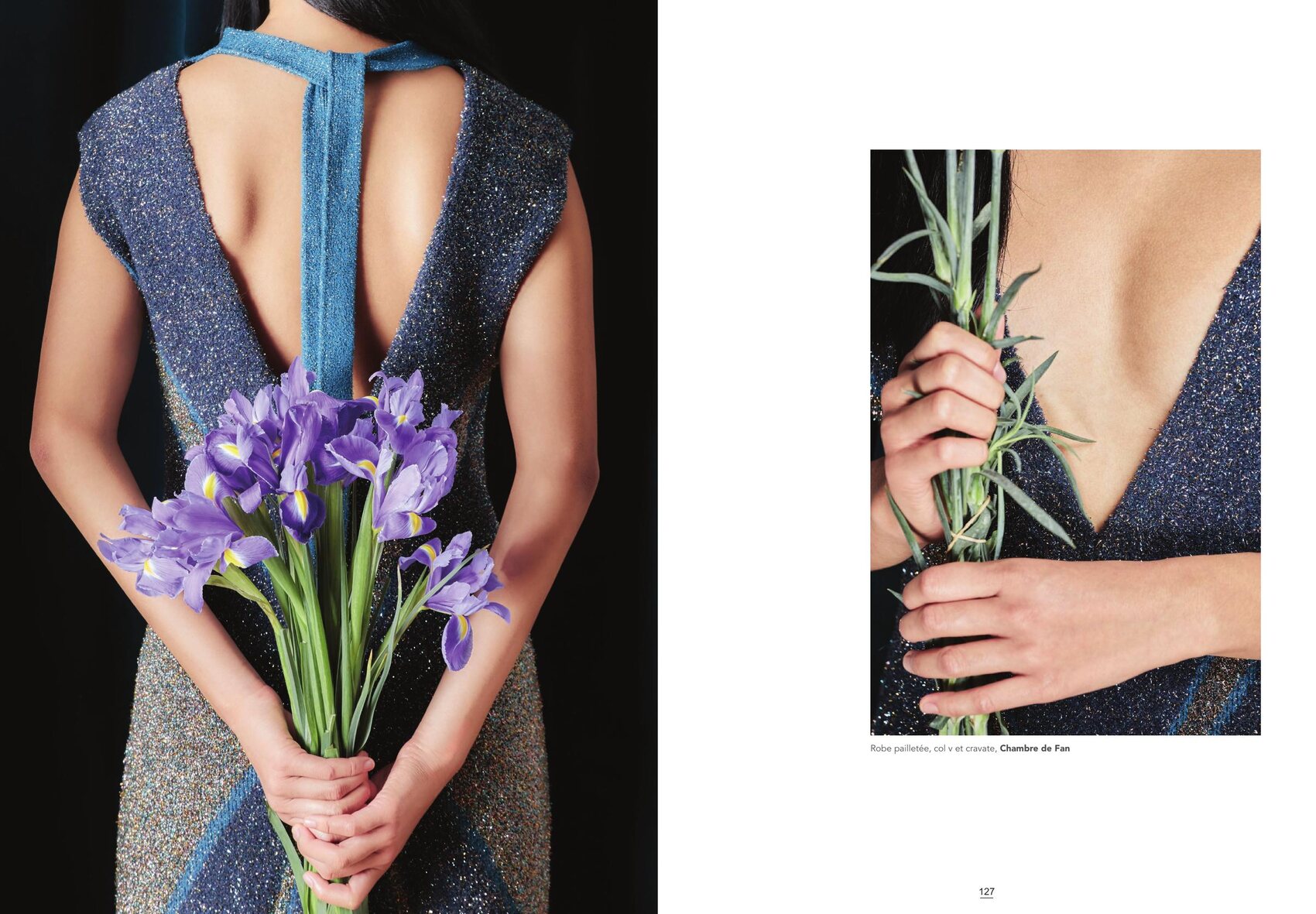 Éditorial mode : robe pailletée à dos ouvert, bouquet d'iris, et détail romarin, Chambre du Pin — photo Claude Weber