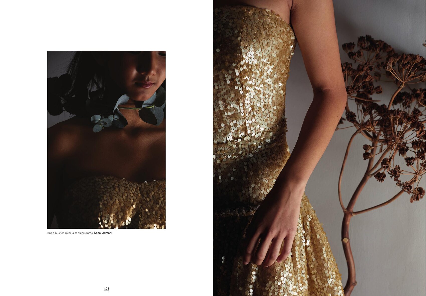 Éditorial mode : portrait robe bustier Sana Osmani et robe pailletée dorée — photo Claude Weber